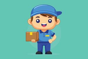 Delivery worker in blue uniform holding a package and smiling against a bright background showcasing cheerful service vector