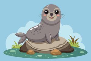 Cute cartoon seal resting on a rocky outcrop surrounded by grass and pebbles under a blue sky with fluffy clouds vector