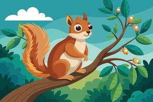 A cheerful squirrel perched on a branch enjoying the view amidst lush green trees on a bright, sunny day in the forest vector