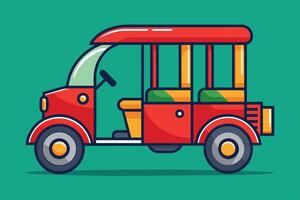 Bright red auto rickshaw with green seats is parked against a vibrant turquoise background during daytime vector