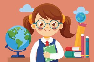 A young girl with glasses stands proudly in a classroom, holding a book in front of a globe and colorful textbooks during a cheerful school day vector