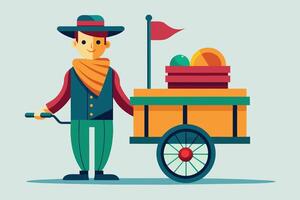 A cheerful vendor with a cart selling colorful fruits at a lively market during the day vector