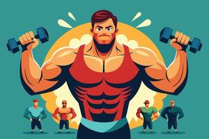 A strong man showcases his impressive biceps while other fitness enthusiasts admire him in a vibrant gym setting vector