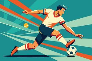 A young male soccer player in mid-kick on a vibrant field during a sunny day, showcasing skill and focus while playing the game vector