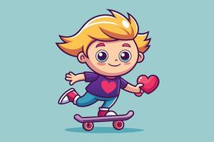A cheerful child skateboarding while holding a heart-shaped balloon, enjoying a playful moment in a bright, colorful setting vector