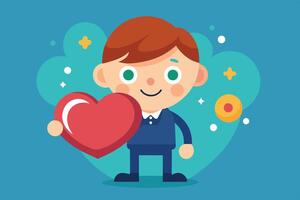 A cheerful cartoon character holds a red heart against a vibrant blue background filled with playful shapes and colors vector