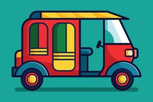 A colorful tuk-tuk on a vibrant teal background, showcasing a popular mode of transport in many Asian cities during daytime hours vector