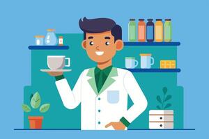 Young laboratory technician in a white coat happily holding a cup while standing in a colorful lab filled with various bottles and plants vector