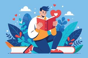 A young man kneels on a large book, joyfully reading while surrounded by colorful leaves and hearts in a vibrant, artistic design vector