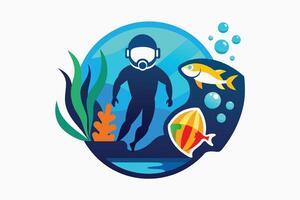 An underwater diver explores a vibrant marine ecosystem filled with colorful fish and lush aquatic plants in a serene ocean setting vector