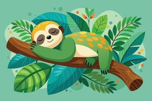 Cute sloth resting peacefully on a branch surrounded by vibrant green leaves in a colorful jungle setting vector