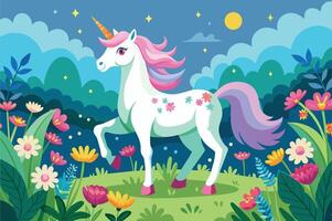 A magical unicorn prancing through a colorful garden under a starry sky in the evening light vector