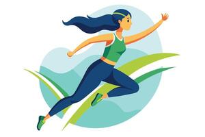 A runner in athletic wear sprints joyfully through a grassy landscape during a bright day, enjoying the fresh air and exercise vector
