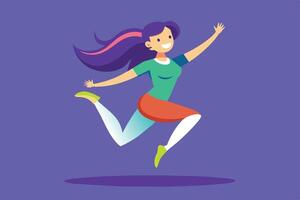 A joyful girl running energetically in a vibrant, animated style with purple background and playful atmosphere vector
