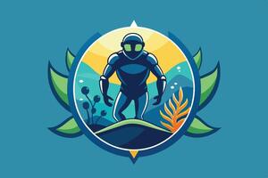 Robot exploring an underwater landscape surrounded by vibrant marine life and colorful plant life in a creative digital design vector