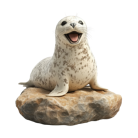 Happy seal sitting on rock, showcasing its playful nature and charm isolated on transparent background. png