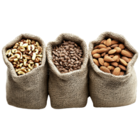 Nuts and seeds in burlap sacks create rustic display of healthy snacks isolated on transparent background. png