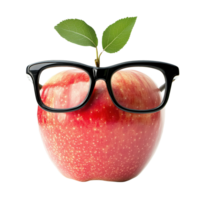 Red apple with glasses and leaf, symbolizing knowledge and fun isolated on transparent background. png