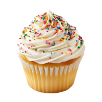 Delicious cupcake topped with creamy frosting and colorful sprinkles. Isolated on transparent background. png