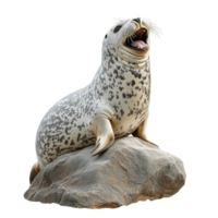 Happy seal resting on rock, showcasing its playful nature and unique spots. Isolated on transparent background. png