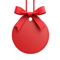 Red circular gift tag with bow, perfect for festive occasions. Isolated on transparent background. png