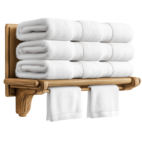 Fresh white towels neatly stacked on wooden shelf, adding elegance isolated on transparent background. png