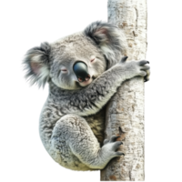 cute koala resting on tree trunk, showcasing its fluffy fur and peaceful demeanor isolated on transparent background. png