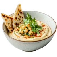Creamy hummus topped with chickpeas and parsley, served with pita. Isolated on transparent background. png