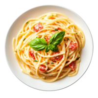 Delicious spaghetti with tomatoes and basil on white plate. Isolated on transparent background. png