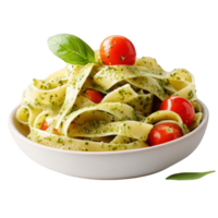 Delicious pasta with pesto sauce and cherry tomatoes garnished with basil. Isolated on transparent background. png