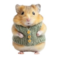 cute hamster wearing knitted green vest, looking adorable and fluffy. Isolated on transparent background. png
