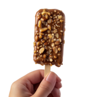 Delicious chocolate covered ice cream bar with nuts. Isolated on transparent background. png
