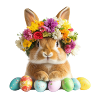 Fluffy rabbit with flower crown and colorful Easter eggs. Isolated on transparent background. png