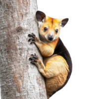 tree kangaroo clings to tree trunk, showcasing its unique fur and features. Isolated on transparent background. png