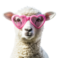 Fluffy sheep wearing heart shaped sunglasses, exuding charm and playfulness. Isolated on transparent background. png