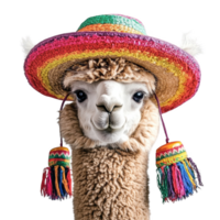 playful llama wearing colorful sombrero with tassels. Isolated on transparent background. png