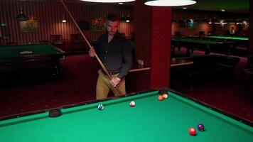 A man standing in front of a pool table with a stick video
