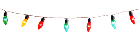 A string of colorful Christmas lights hanging isolate on transparent background png
