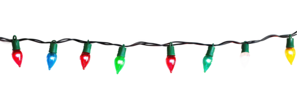A string of colorful Christmas lights hanging isolate on transparent background png