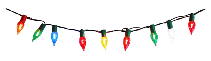 A string of colorful Christmas lights hanging isolate on transparent background png