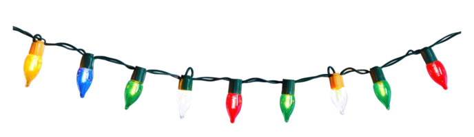 A string of colorful Christmas lights hanging isolate on transparent background png