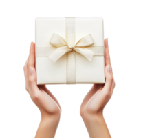 Hands holding up white gift box isolate on transparent background png