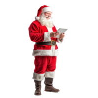 Smiling Santa Claus using digital tablet, standing side view isolate on transparent background png