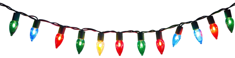 A string of colorful Christmas lights hanging isolate on transparent background png