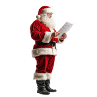 Smiling Santa Claus reading letter, standing side view isolate on transparent background png