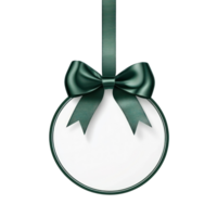 Round Christmas sale tag with green ribbon and bow hanging isolate on transparent background png