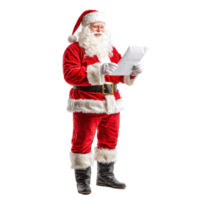 Smiling Santa Claus reading letter, standing front view isolate on transparent background png