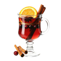 glass of mulled wine with cut orange, cranberries and different spices front view isolate on transparent background png