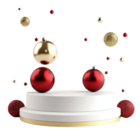 Empty White podium with shiny baubles gold and red decoration isolate on transparent background png