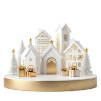 White and gold Christmas podium with white wood houses and gold presents isolate on transparent background png